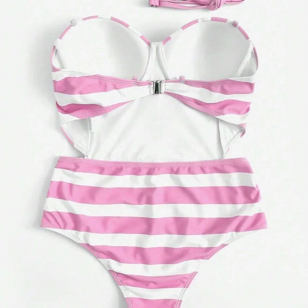 BarbieCore Chevron Print Bustier Bandeau One Piece Swimsuit Pink